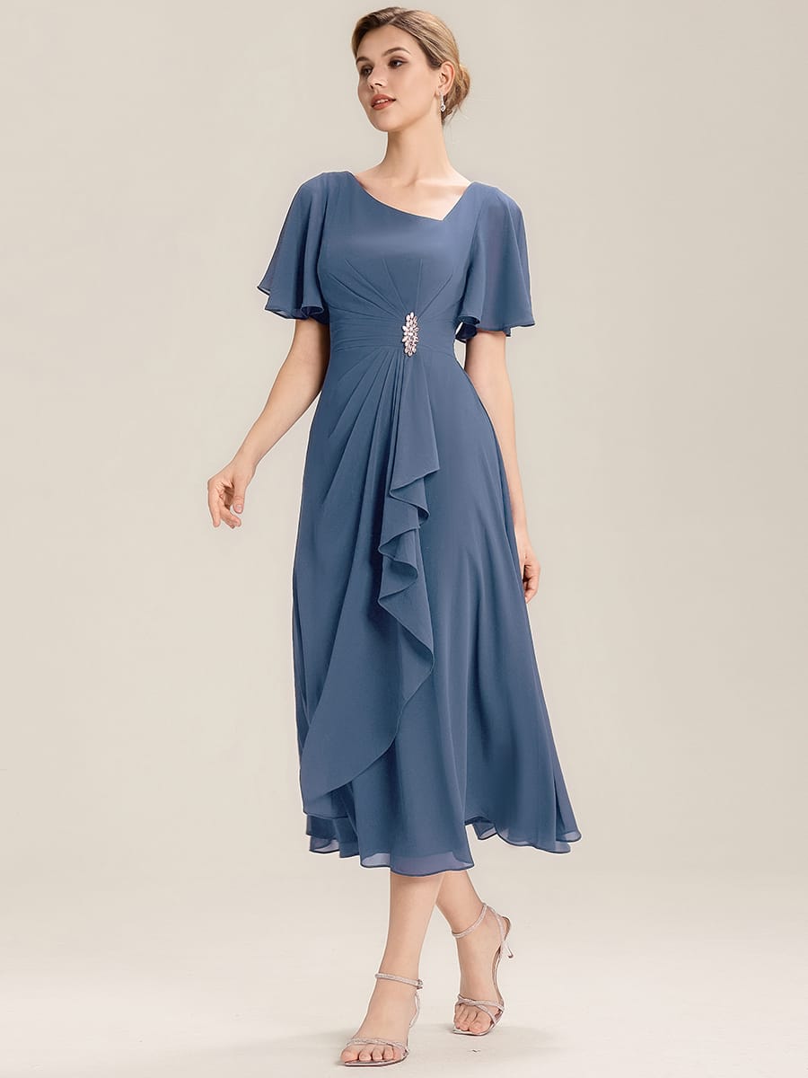 Rhinestone Embellished Chiffon Ruffle Sleeve Evening Dress #color_Dusty Blue