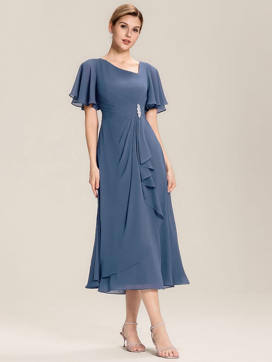 Rhinestone Embellished Chiffon Ruffle Sleeve Evening Dress #color_Dusty Blue