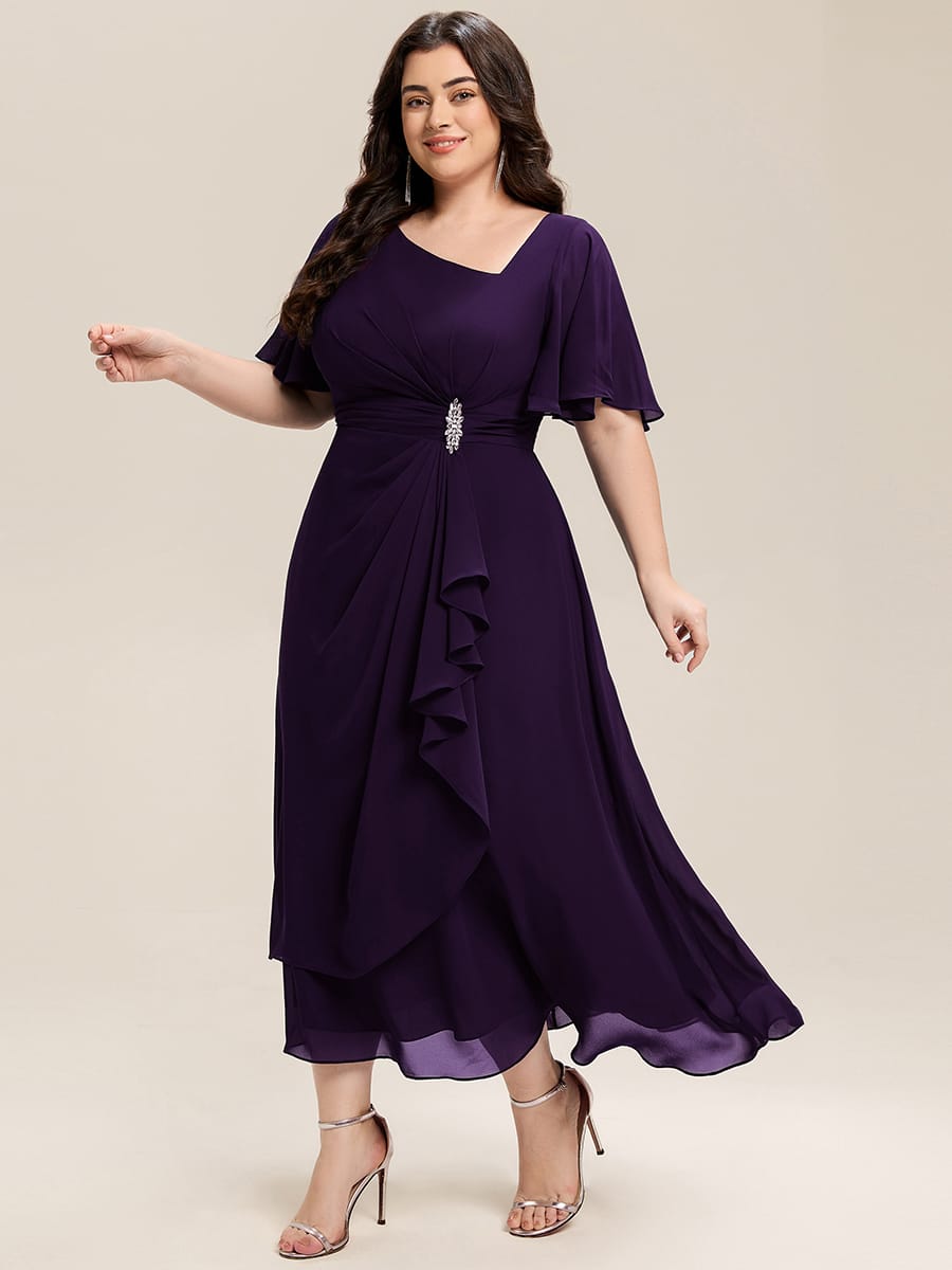 Rhinestone Embellished Chiffon Ruffle Sleeve Evening Dress #color_Dark Purple