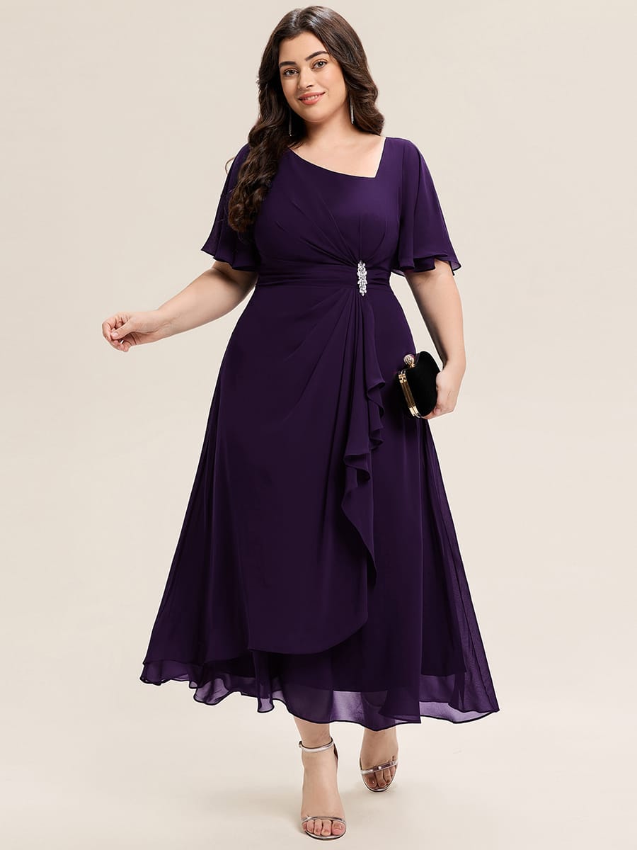 Rhinestone Embellished Chiffon Ruffle Sleeve Evening Dress #color_Dark Purple