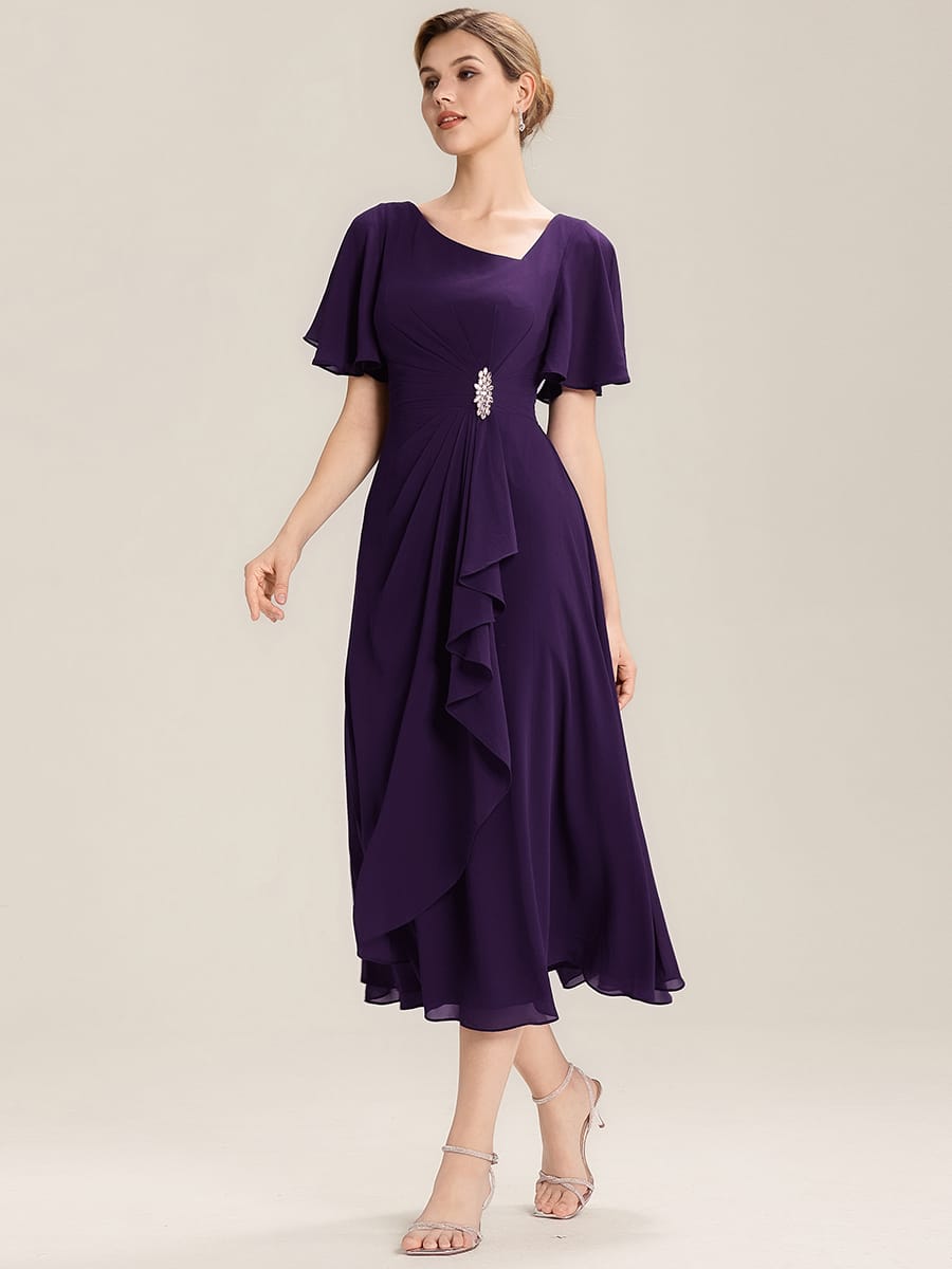 Rhinestone Embellished Chiffon Ruffle Sleeve Evening Dress #color_Dark Purple
