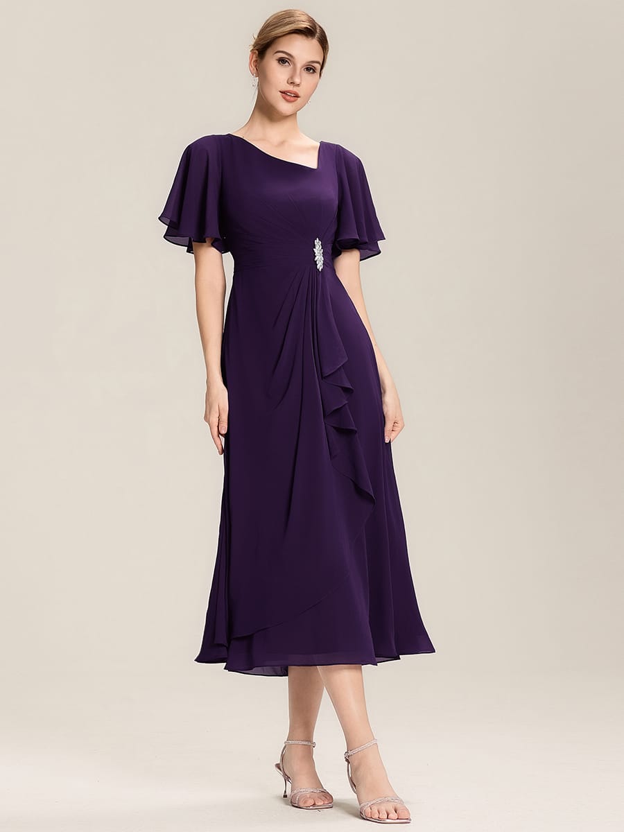 Rhinestone Embellished Chiffon Ruffle Sleeve Evening Dress #color_Dark Purple