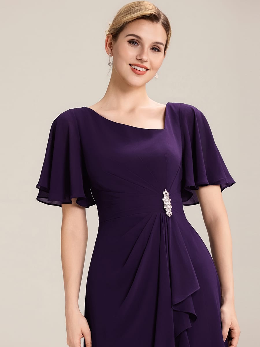 Rhinestone Embellished Chiffon Ruffle Sleeve Evening Dress #color_Dark Purple