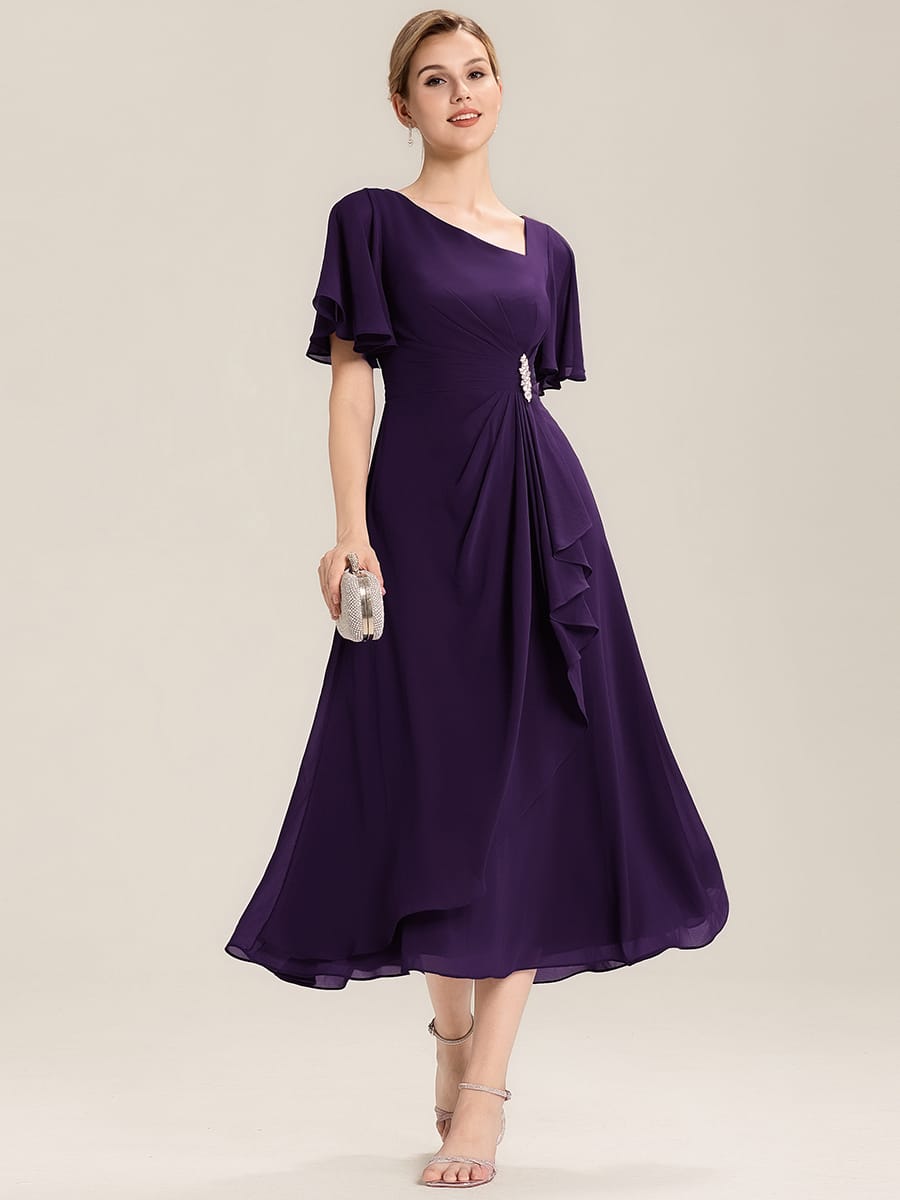 Rhinestone Embellished Chiffon Ruffle Sleeve Evening Dress #color_Dark Purple