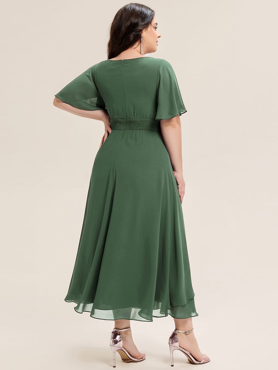 Rhinestone Embellished Chiffon Ruffle Sleeve Evening Dress #color_Eucalyptus Green