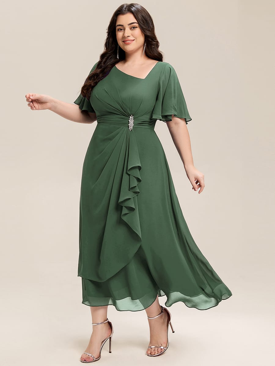 Rhinestone Embellished Chiffon Ruffle Sleeve Evening Dress #color_Eucalyptus Green