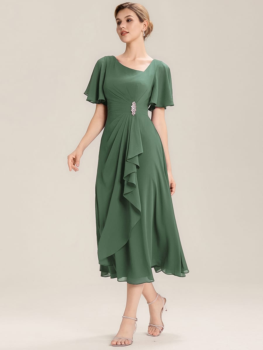 Rhinestone Embellished Chiffon Ruffle Sleeve Evening Dress #color_Eucalyptus Green