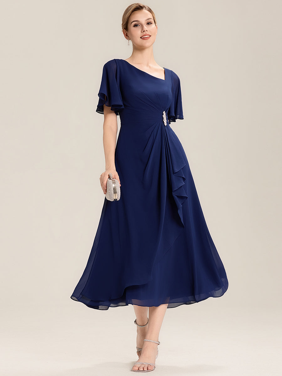Rhinestone Embellished Chiffon Ruffle Sleeve Evening Dress #color_Navy Blue