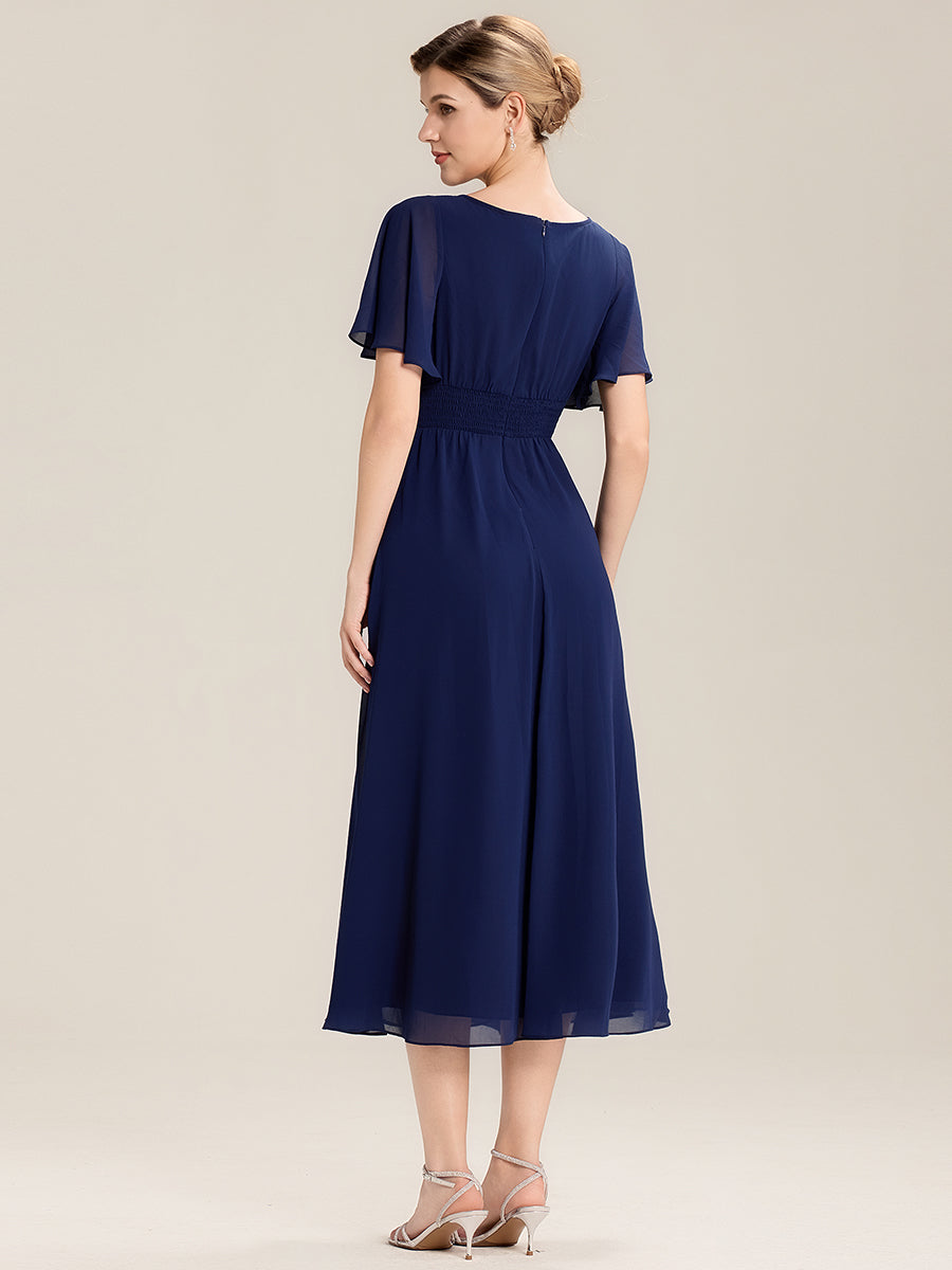Rhinestone Embellished Chiffon Ruffle Sleeve Evening Dress #color_Navy Blue