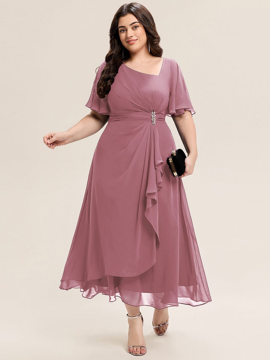 Rhinestone Embellished Chiffon Ruffle Sleeve Evening Dress #color_Purple Orchid