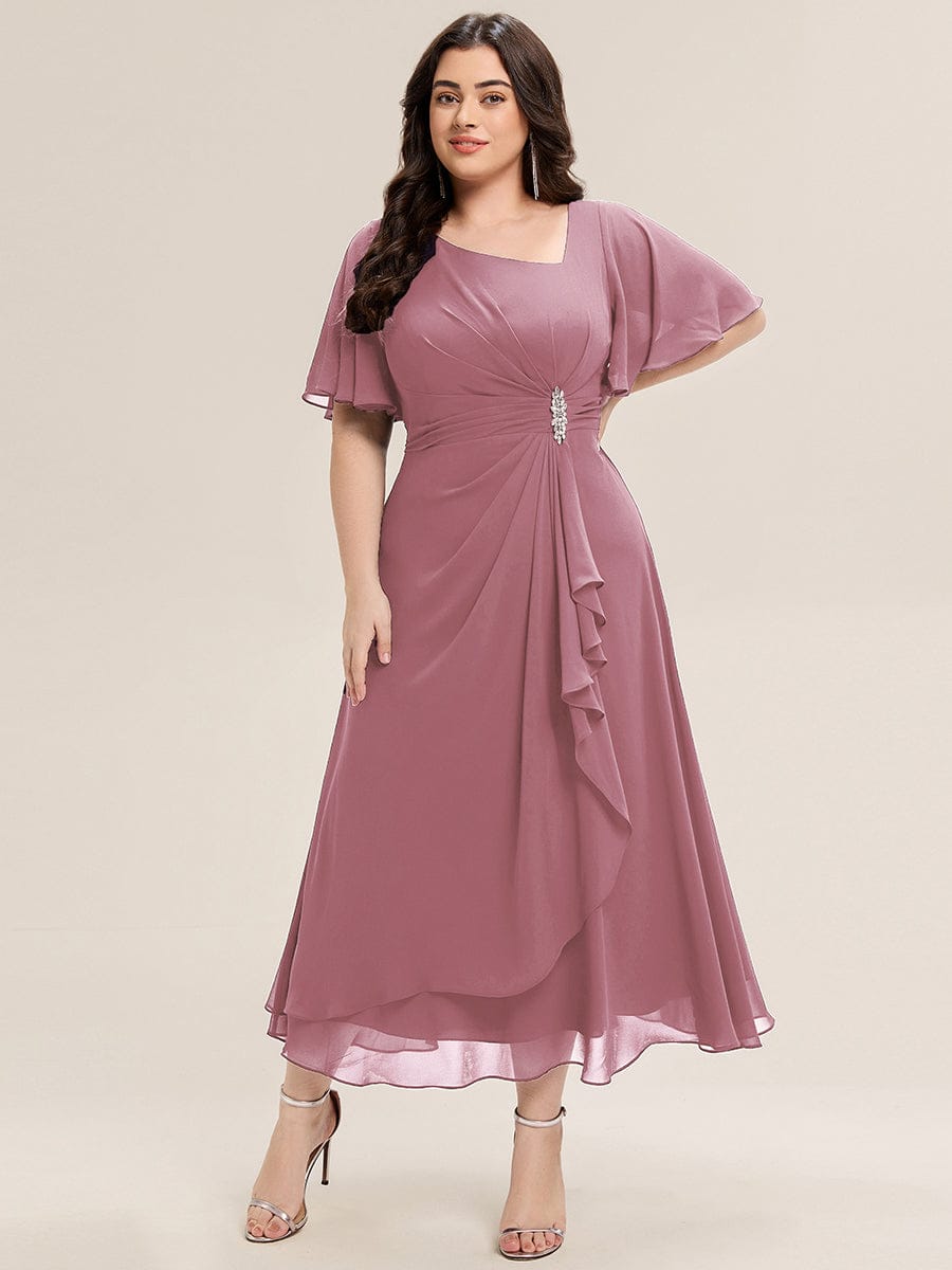 Rhinestone Embellished Chiffon Ruffle Sleeve Evening Dress #color_Purple Orchid