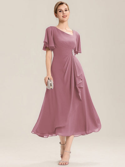 ever LILOU|Rhinestone Embellished Chiffon Ruffle Sleeve Evening Dress