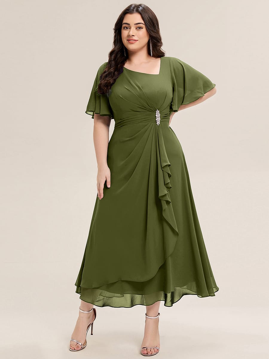 Rhinestone Embellished Chiffon Ruffle Sleeve Evening Dress #color_Olive Green