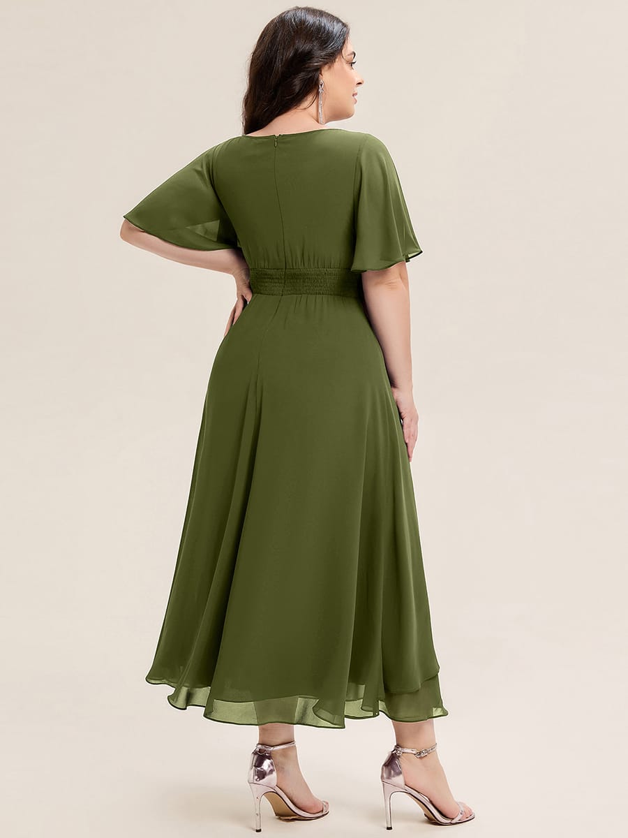 Rhinestone Embellished Chiffon Ruffle Sleeve Evening Dress #color_Olive Green