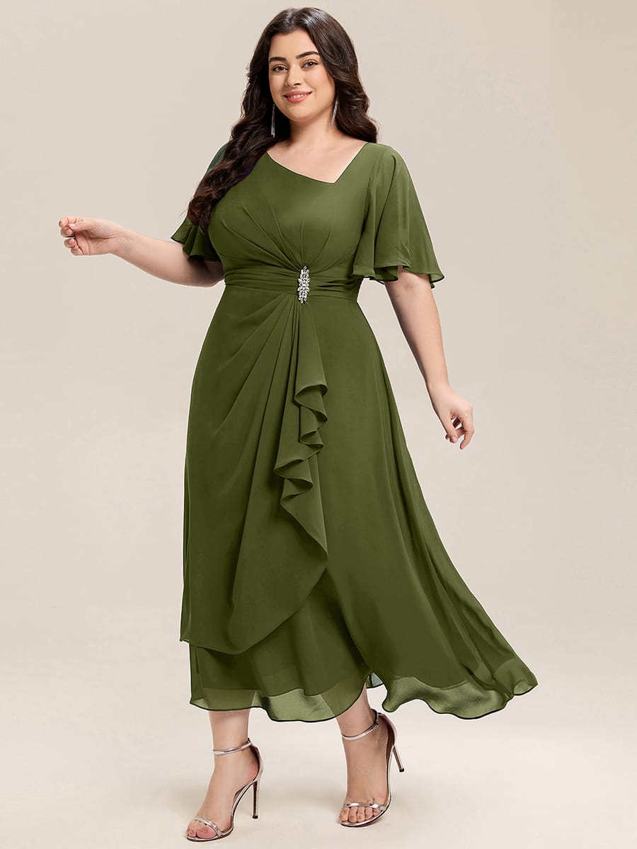 Rhinestone Embellished Chiffon Ruffle Sleeve Evening Dress #color_Olive Green
