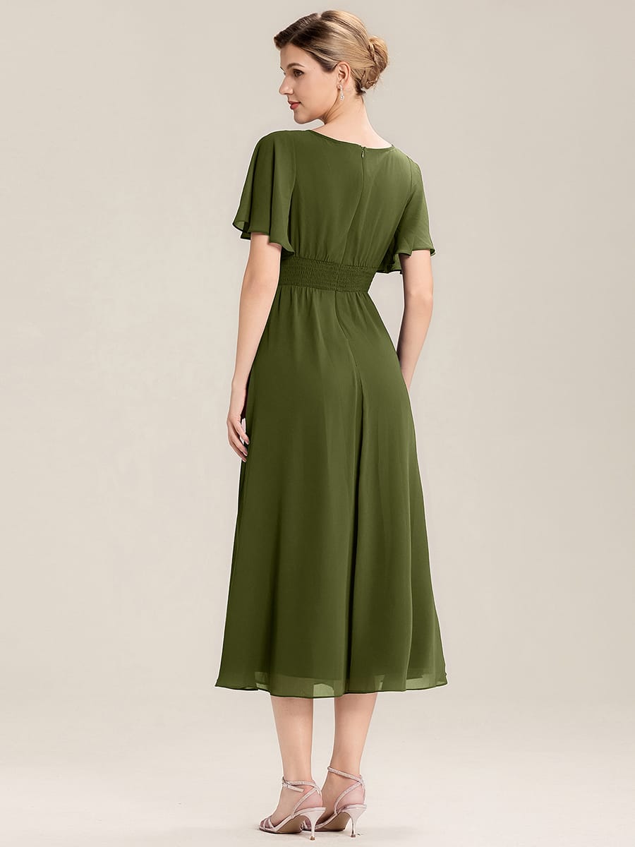 Rhinestone Embellished Chiffon Ruffle Sleeve Evening Dress #color_Olive Green