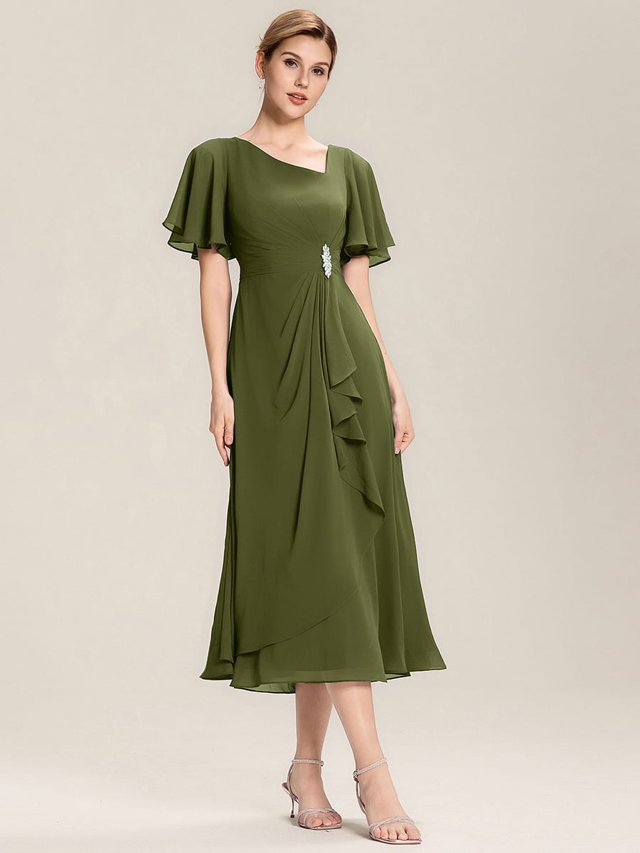 Rhinestone Embellished Chiffon Ruffle Sleeve Evening Dress #color_Olive Green