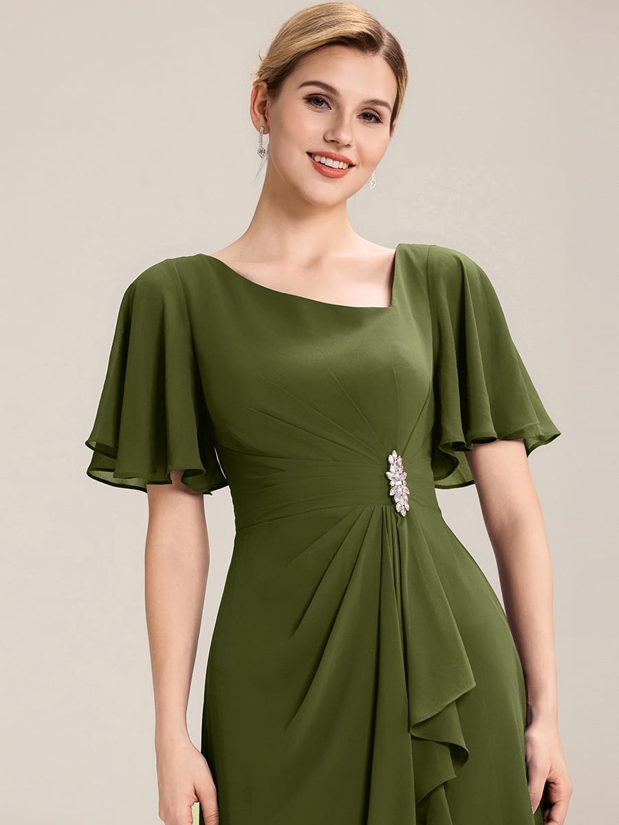 Rhinestone Embellished Chiffon Ruffle Sleeve Evening Dress #color_Olive Green