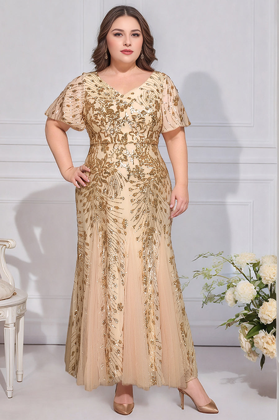 Embroidered Sequin Ruffle Sleeve Evening Dress #color_Gold