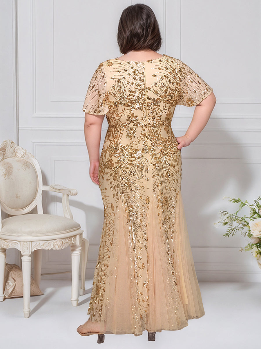 Embroidered Sequin Ruffle Sleeve Evening Dress #color_Gold