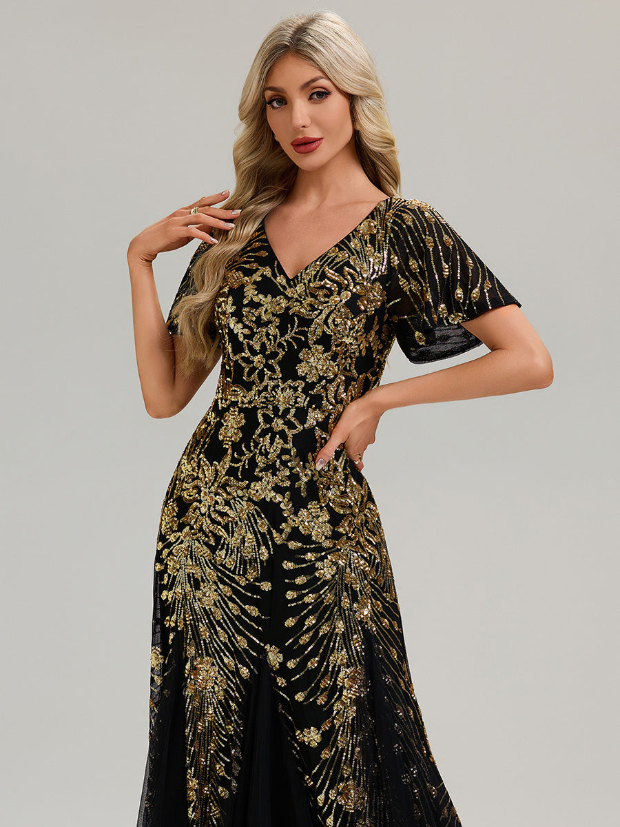 Embroidered Sequin Ruffle Sleeve Evening Dress #color_Black & Gold