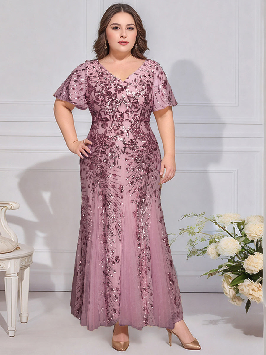 Embroidered Sequin Ruffle Sleeve Evening Dress #color_Purple Orchid