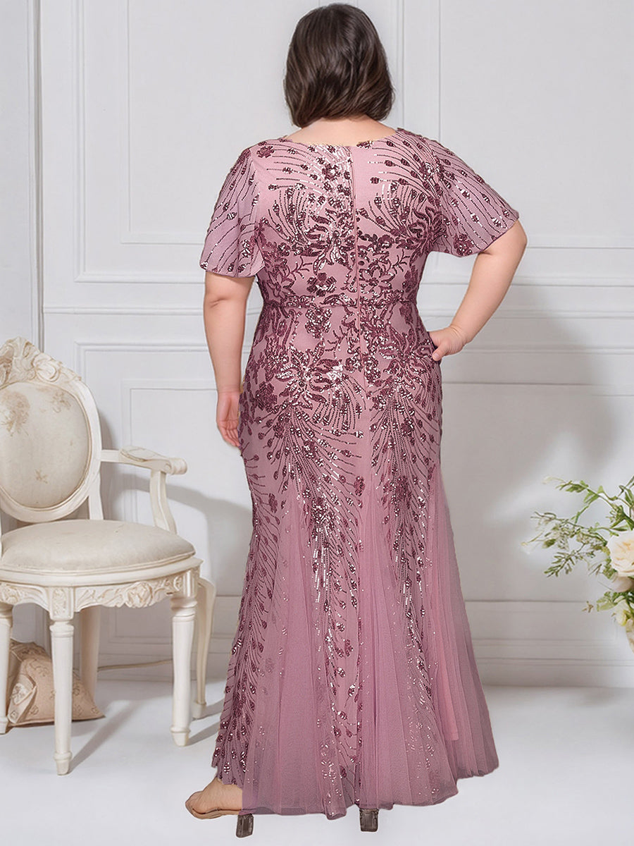 Embroidered Sequin Ruffle Sleeve Evening Dress #color_Purple Orchid