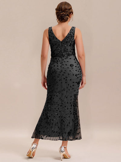 Knotted Sequin Sleeveless Evening Dress #color_Black