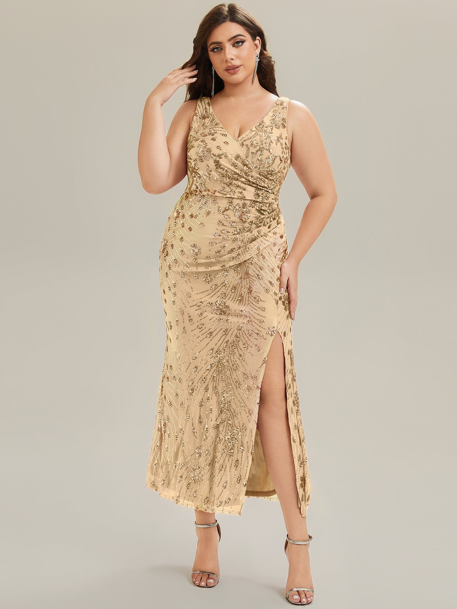 Knotted Sequin Sleeveless Evening Dress #color_Gold