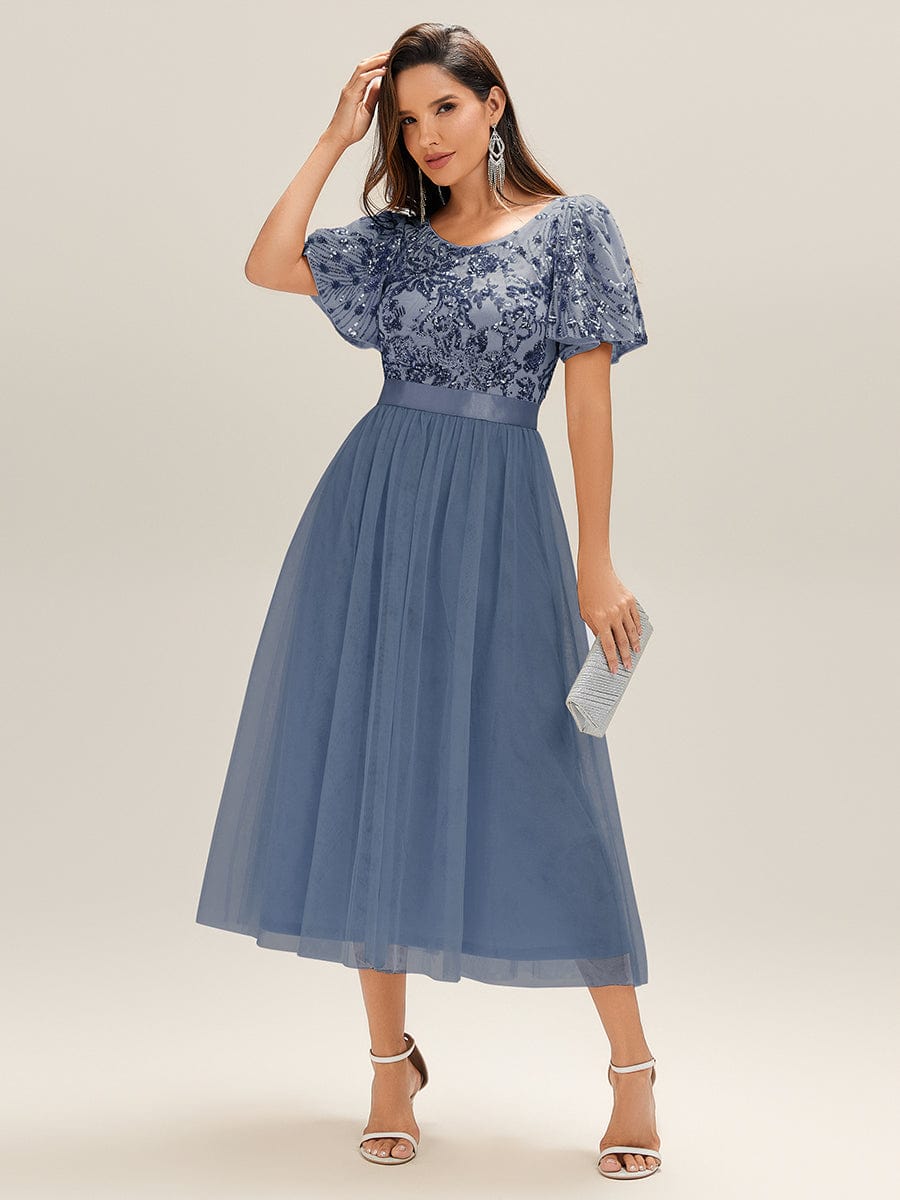 Deep V-Neck Sequin Ruffle Sleeve Evening Dress #color_Dusty Blue