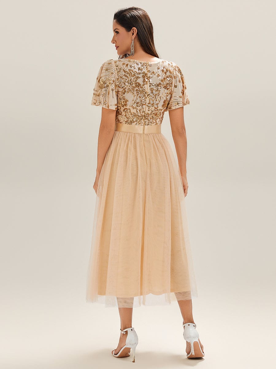 Deep V-Neck Sequin Ruffle Sleeve Evening Dress #color_Gold