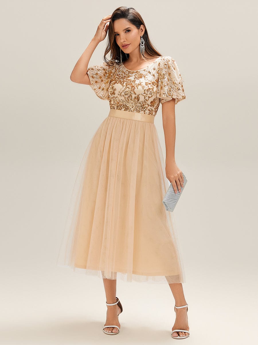 Deep V-Neck Sequin Ruffle Sleeve Evening Dress #color_Gold