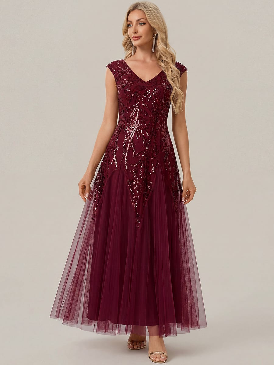 Embroidered Sequin Cap Sleeve Dress #color_Burgundy