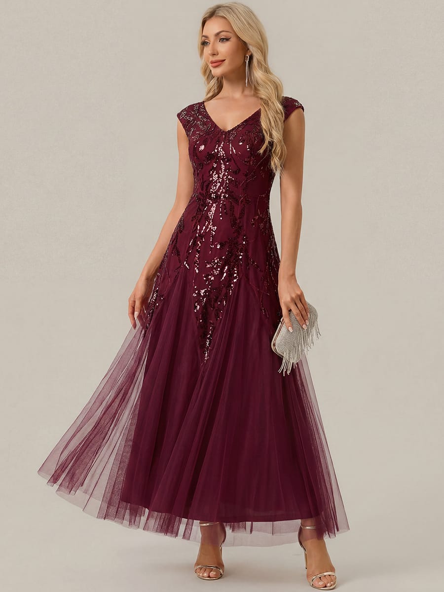 Embroidered Sequin Cap Sleeve Dress #color_Burgundy