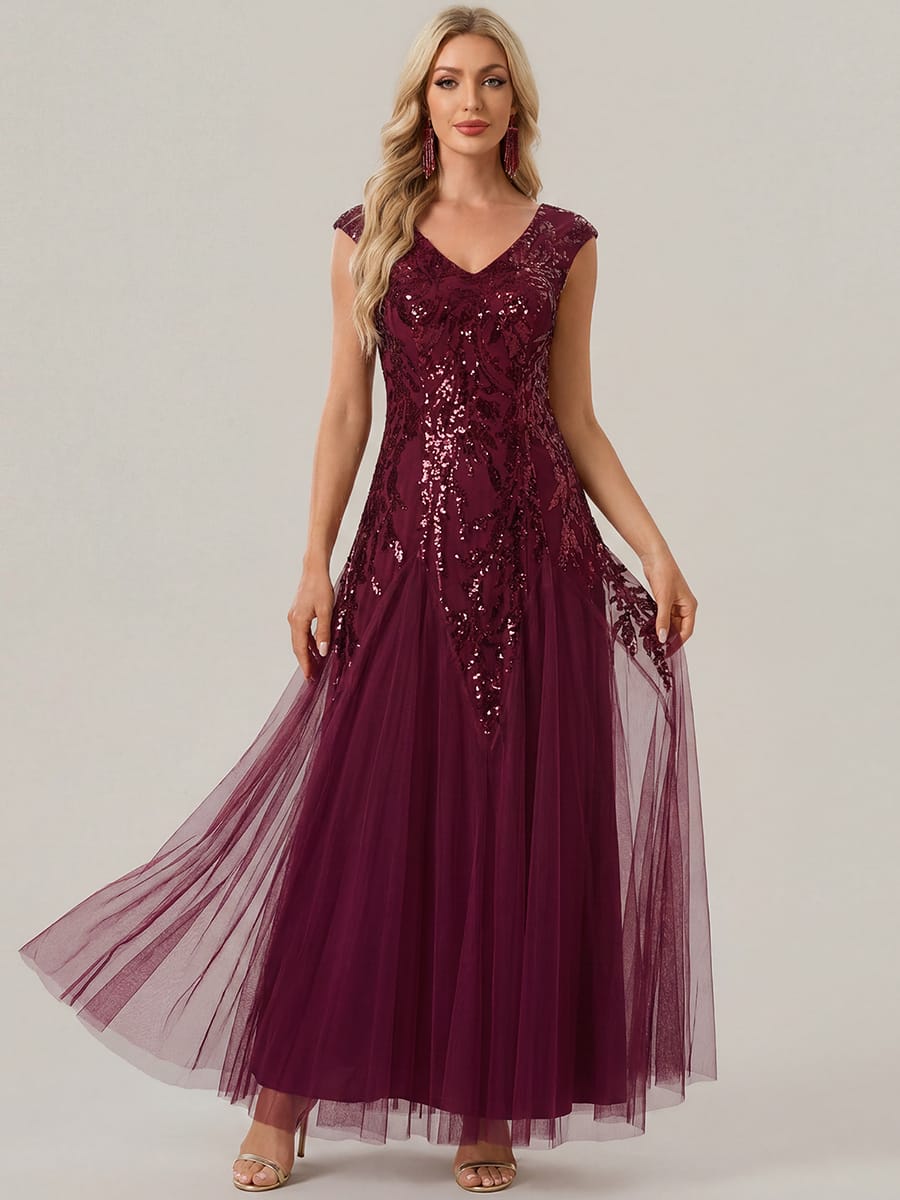 Embroidered Sequin Cap Sleeve Dress #color_Burgundy
