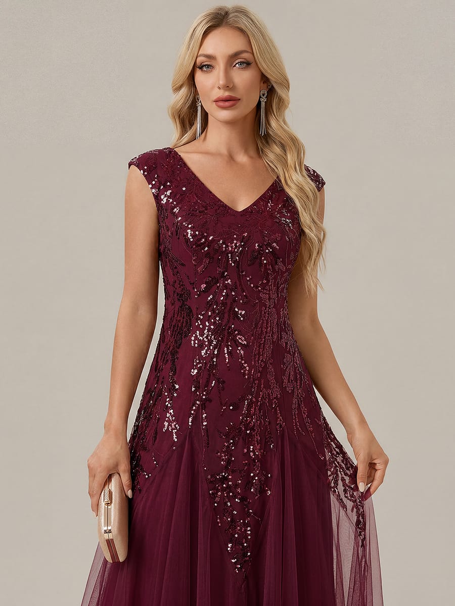 Embroidered Sequin Cap Sleeve Dress #color_Burgundy