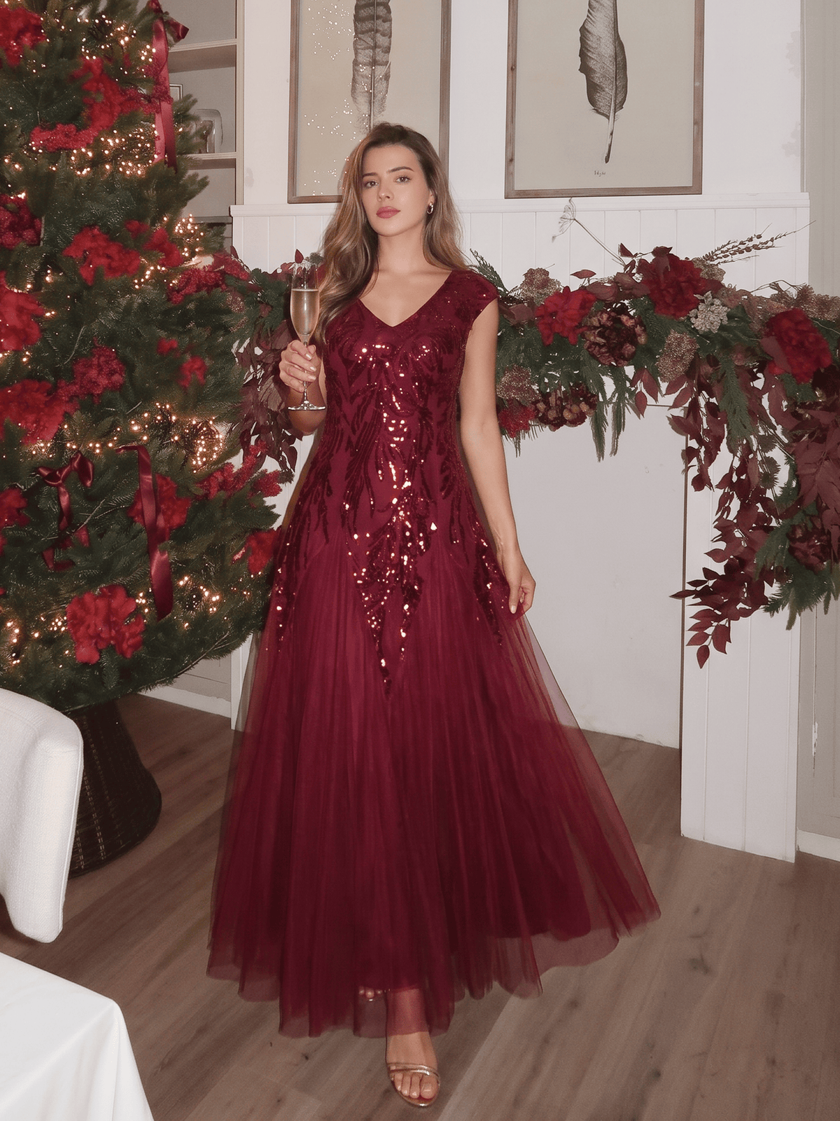 Embroidered Sequin Cap Sleeve Dress #color_Burgundy