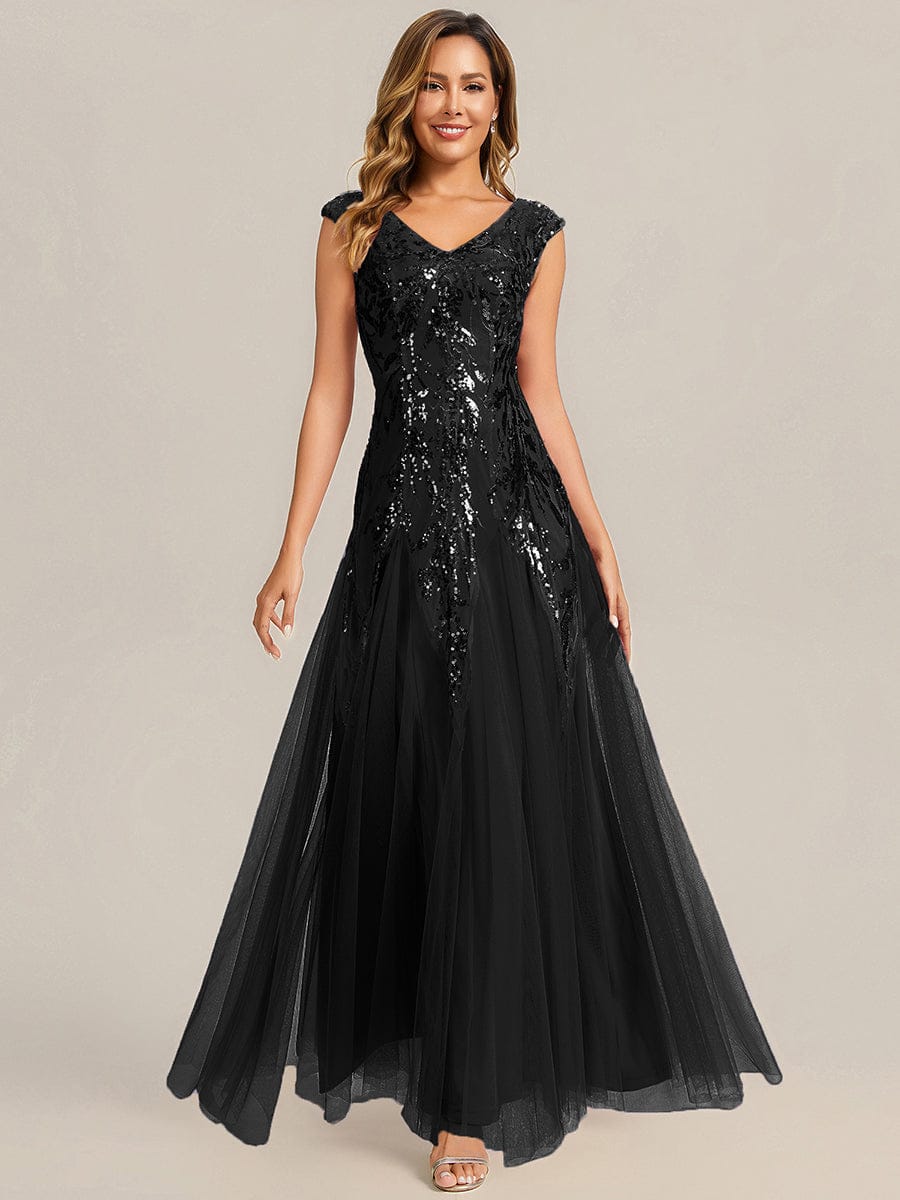 Embroidered Sequin Cap Sleeve Dress #color_Black