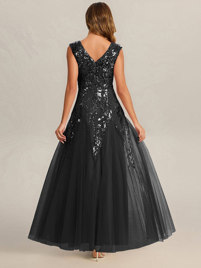 Embroidered Sequin Cap Sleeve Dress #color_Black