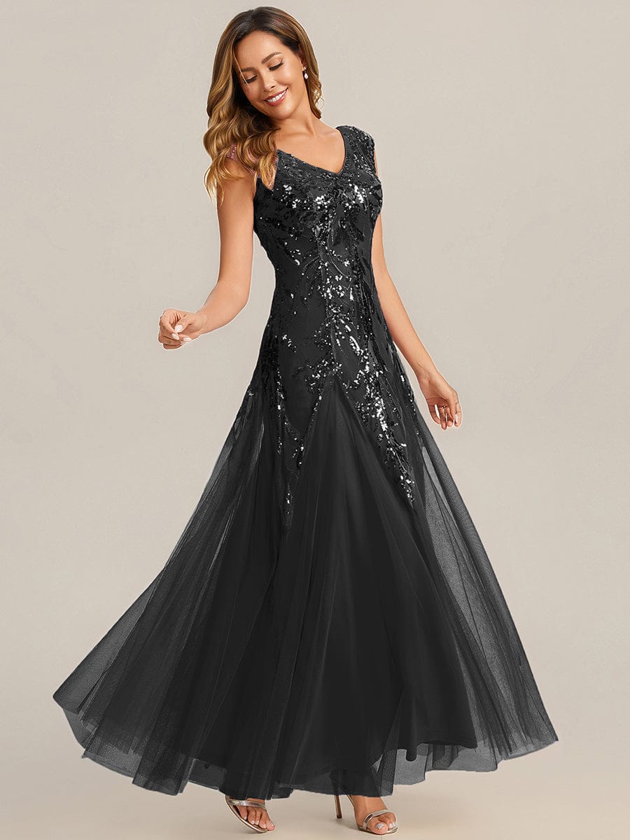 Embroidered Sequin Cap Sleeve Dress #color_Black