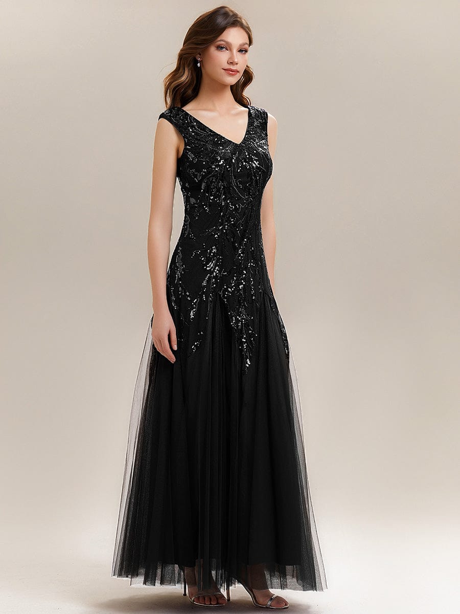 Embroidered Sequin Cap Sleeve Dress #color_Black