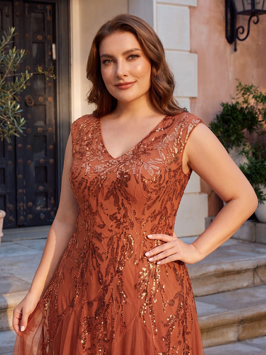 Embroidered Sequin Cap Sleeve Dress #color_Burnt Orange