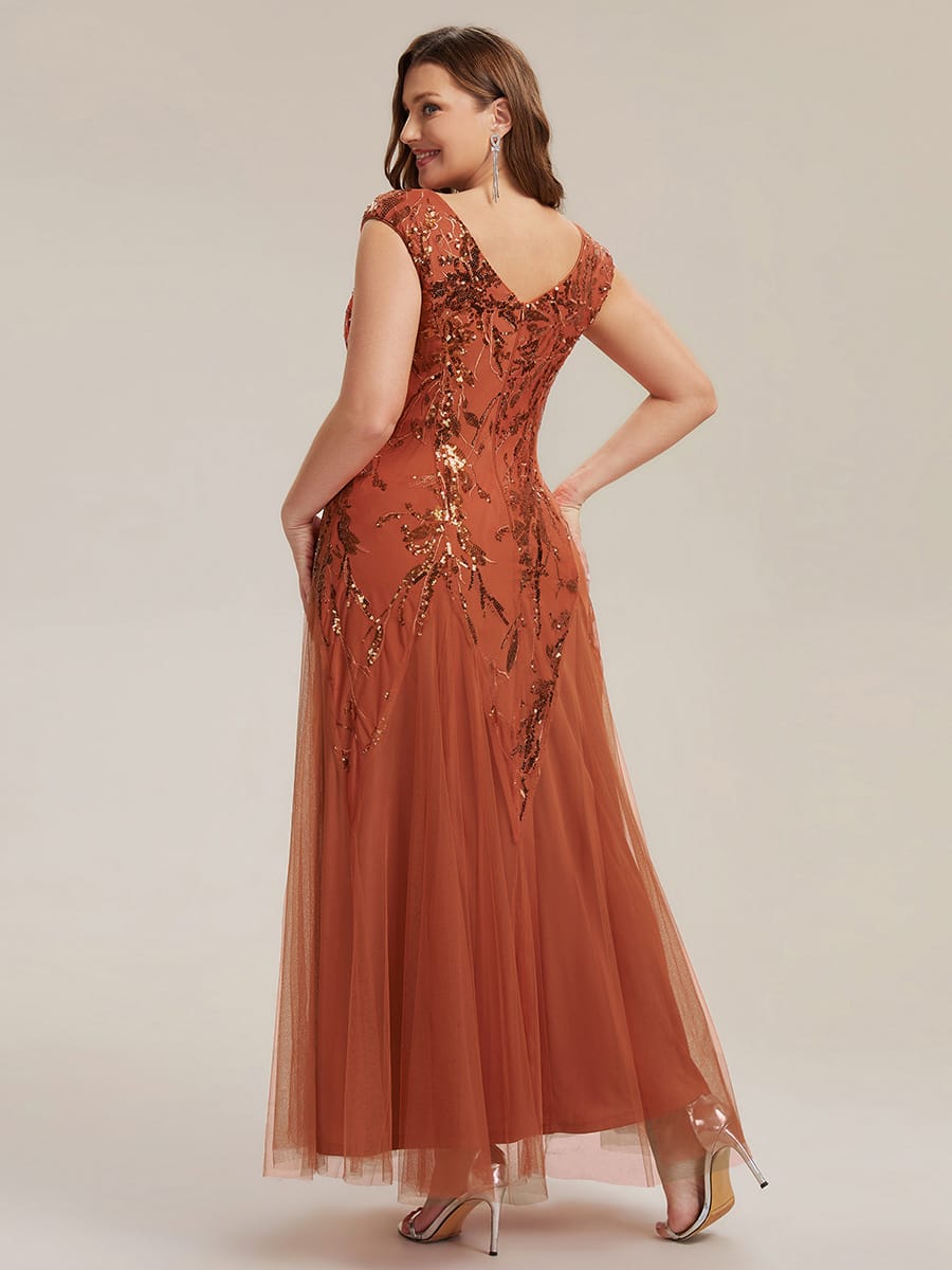 Embroidered Sequin Cap Sleeve Dress #color_Burnt Orange