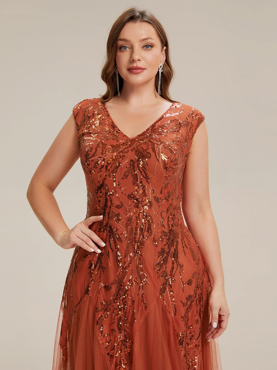 Embroidered Sequin Cap Sleeve Dress #color_Burnt Orange
