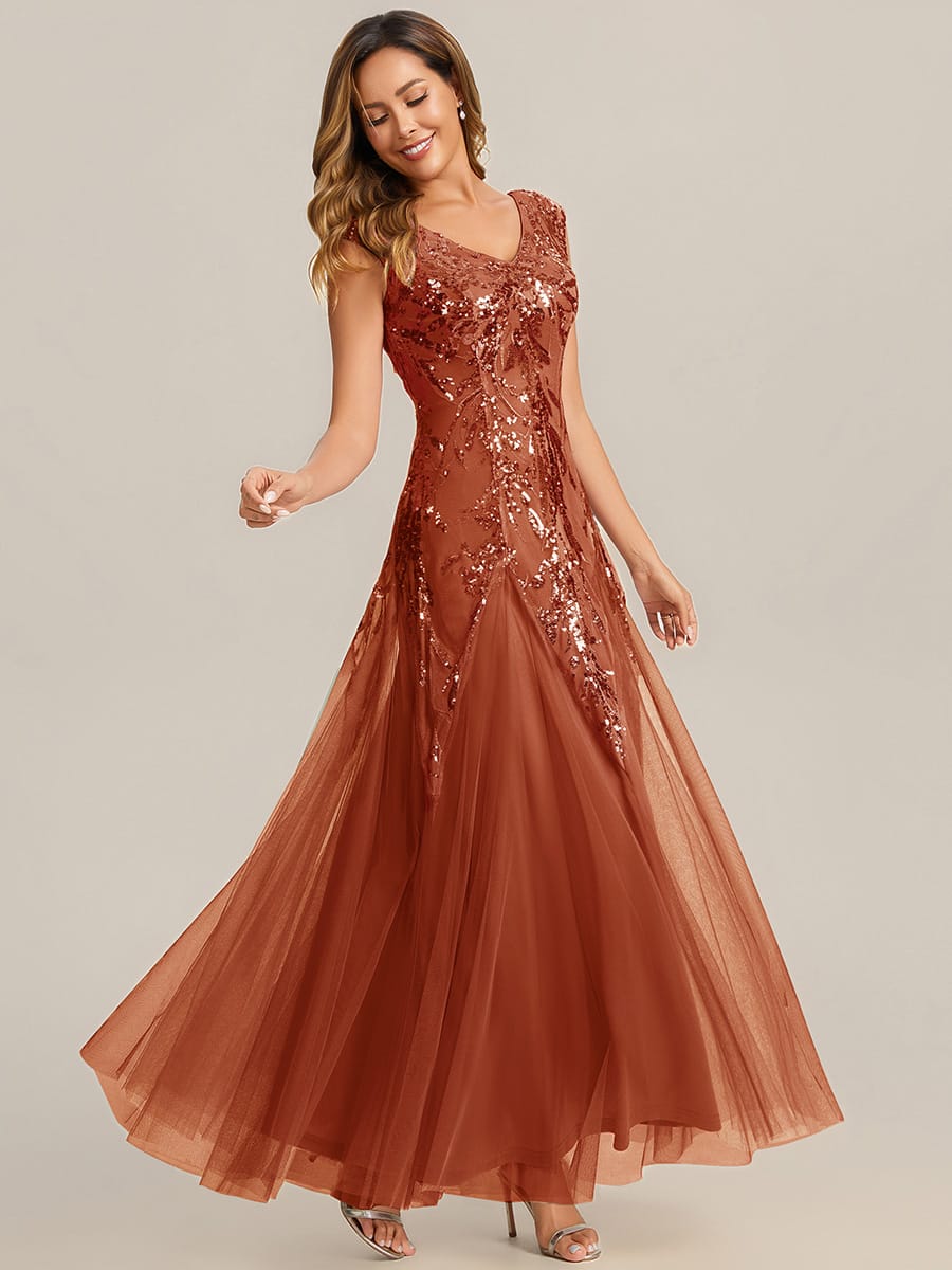 Embroidered Sequin Cap Sleeve Dress #color_Burnt Orange