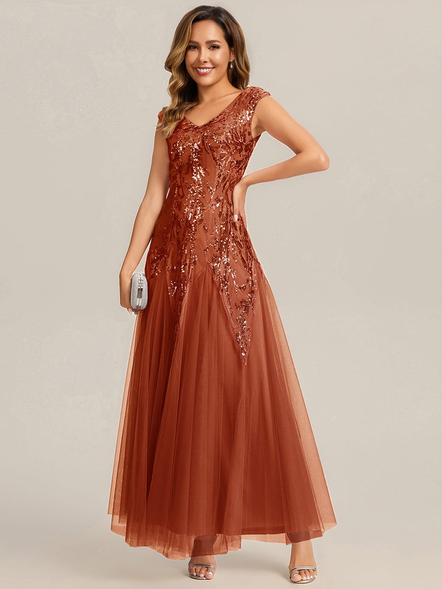 Embroidered Sequin Cap Sleeve Dress #color_Burnt Orange