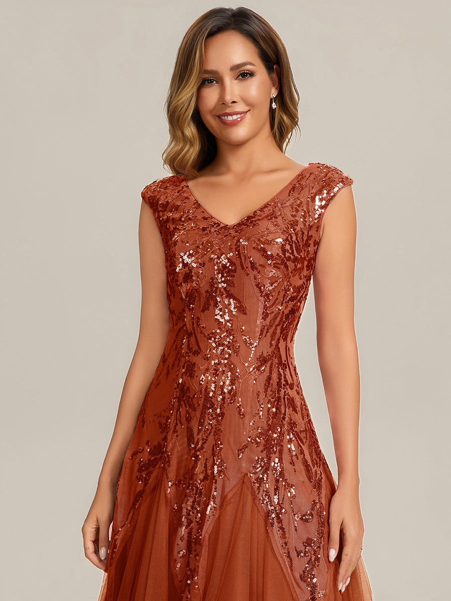 Embroidered Sequin Cap Sleeve Dress #color_Burnt Orange
