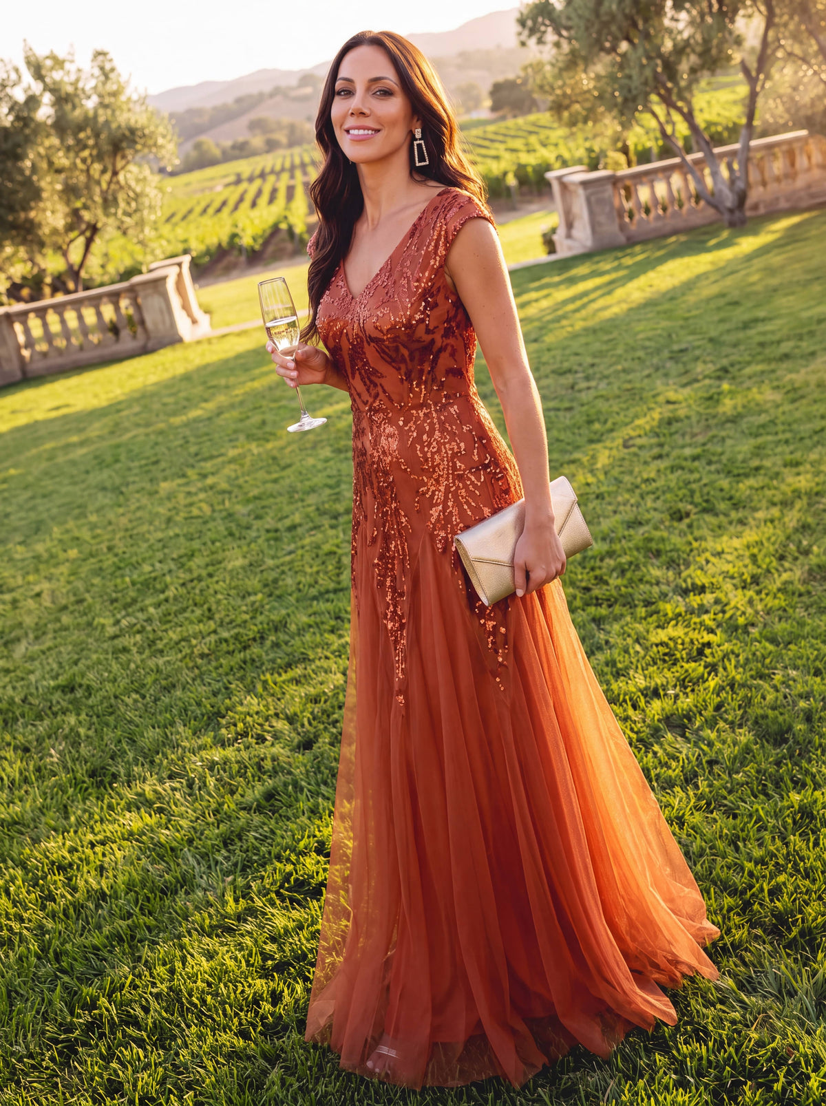 Embroidered Sequin Cap Sleeve Dress #color_Burnt Orange