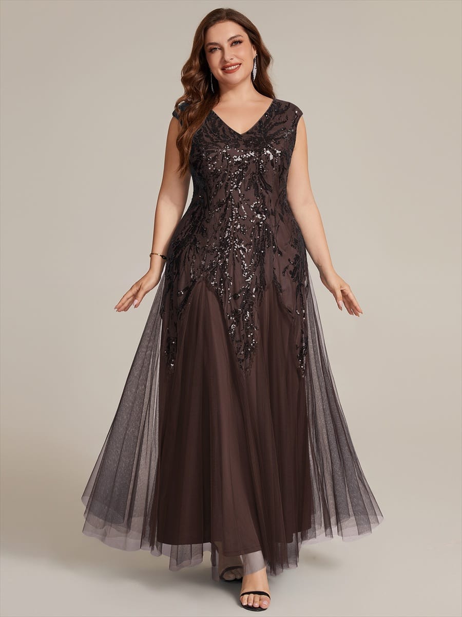 Embroidered Sequin Cap Sleeve Dress #color_Chocolate brown