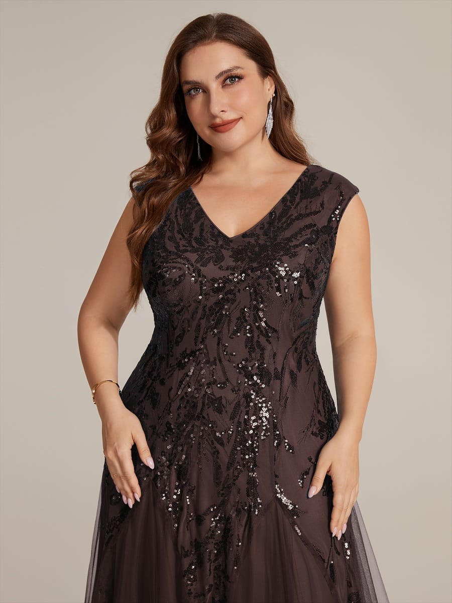 Embroidered Sequin Cap Sleeve Dress #color_Chocolate brown